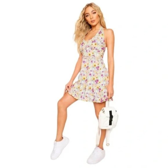 Boohoo Cream Purple Ditzy Floral Print Y2K style Halter neck Skater Mini Dress - Picture 1 of 8